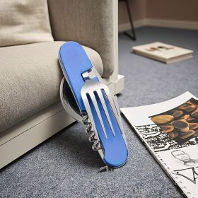 Stainless Steel 6-in-1 Multi-Tool Cutlery Set, Folding Pocket Knife with Fork, Spoon, Can Opener, Corkscrew, and Bottle Opener (Color: Blue)
